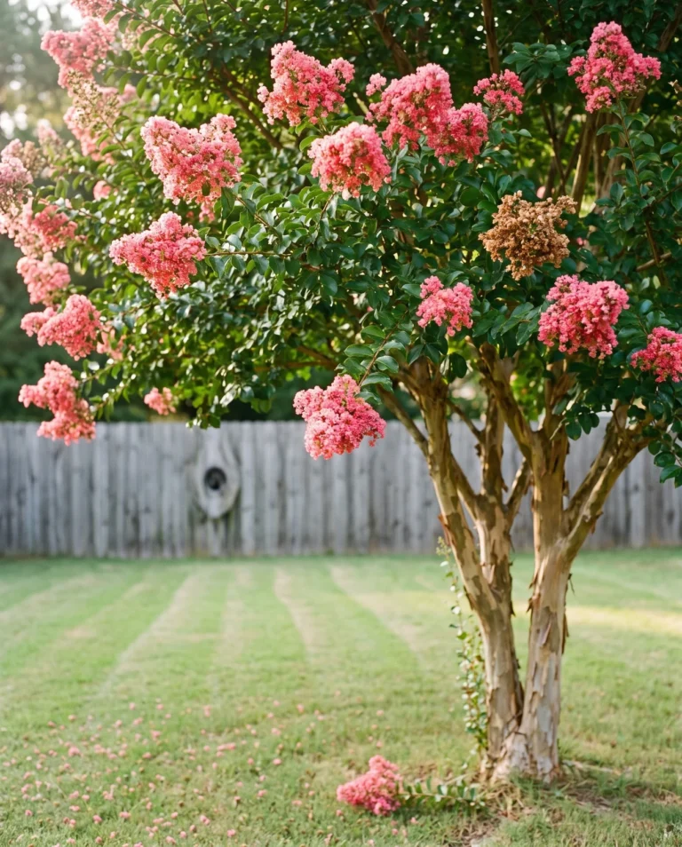 Tuscarora crape myrtle with coral-pink panicles on a spreading tree over a lawn