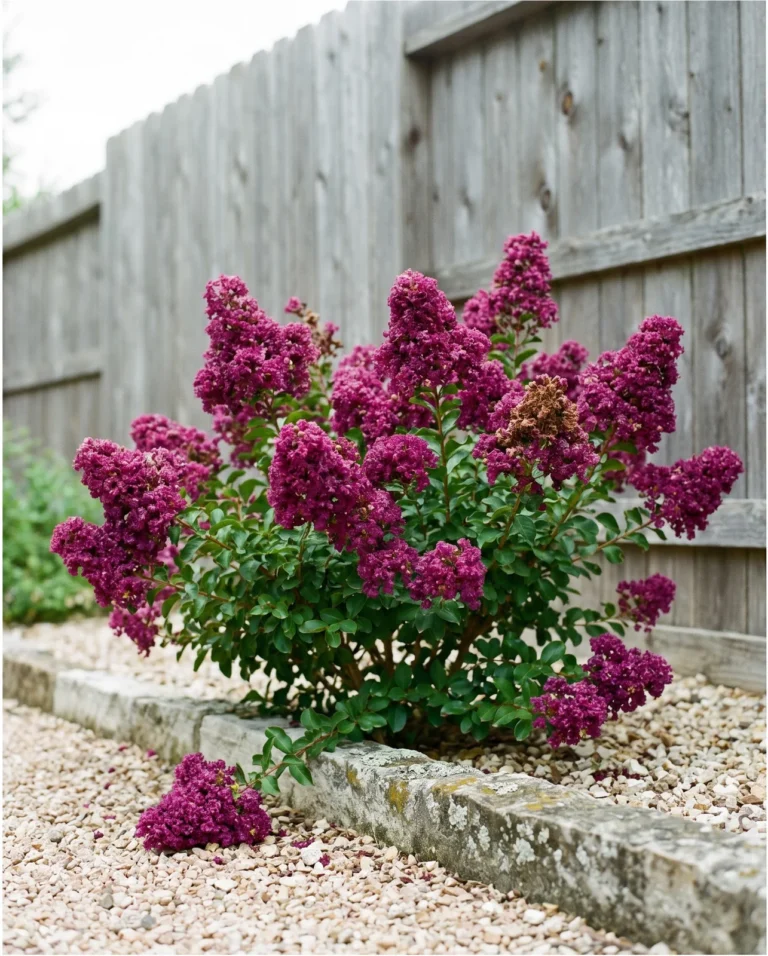 Velma's Royal Delight dwarf crape myrtle with deep magenta-purple panicles on a compact shrub in a bed