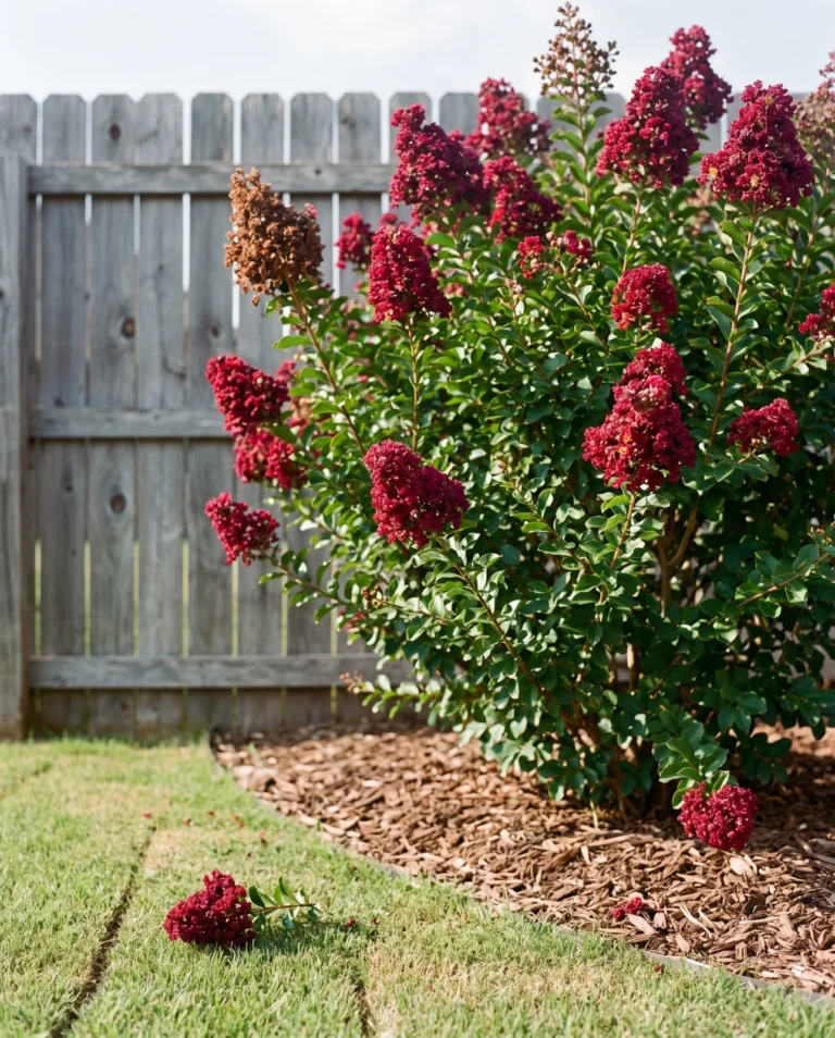 Victor dwarf crape myrtle with dark red panicles on a small rounded shrub in a sunny yard