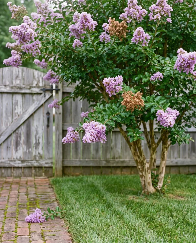 Zuni semi-dwarf crape myrtle with lavender panicles on a rounded shrub near a garden gate