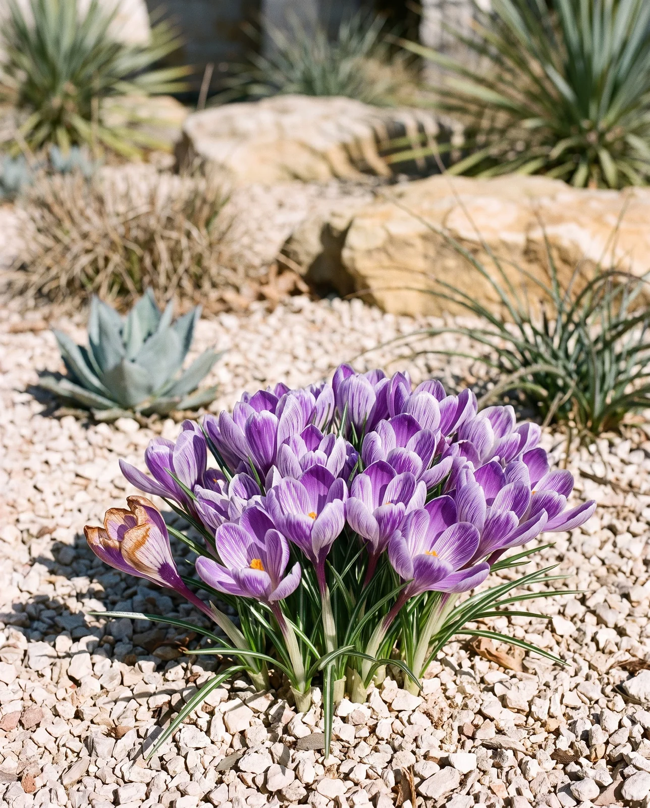 Crocuses blooming in gravel xeriscape garden in warm winter climate