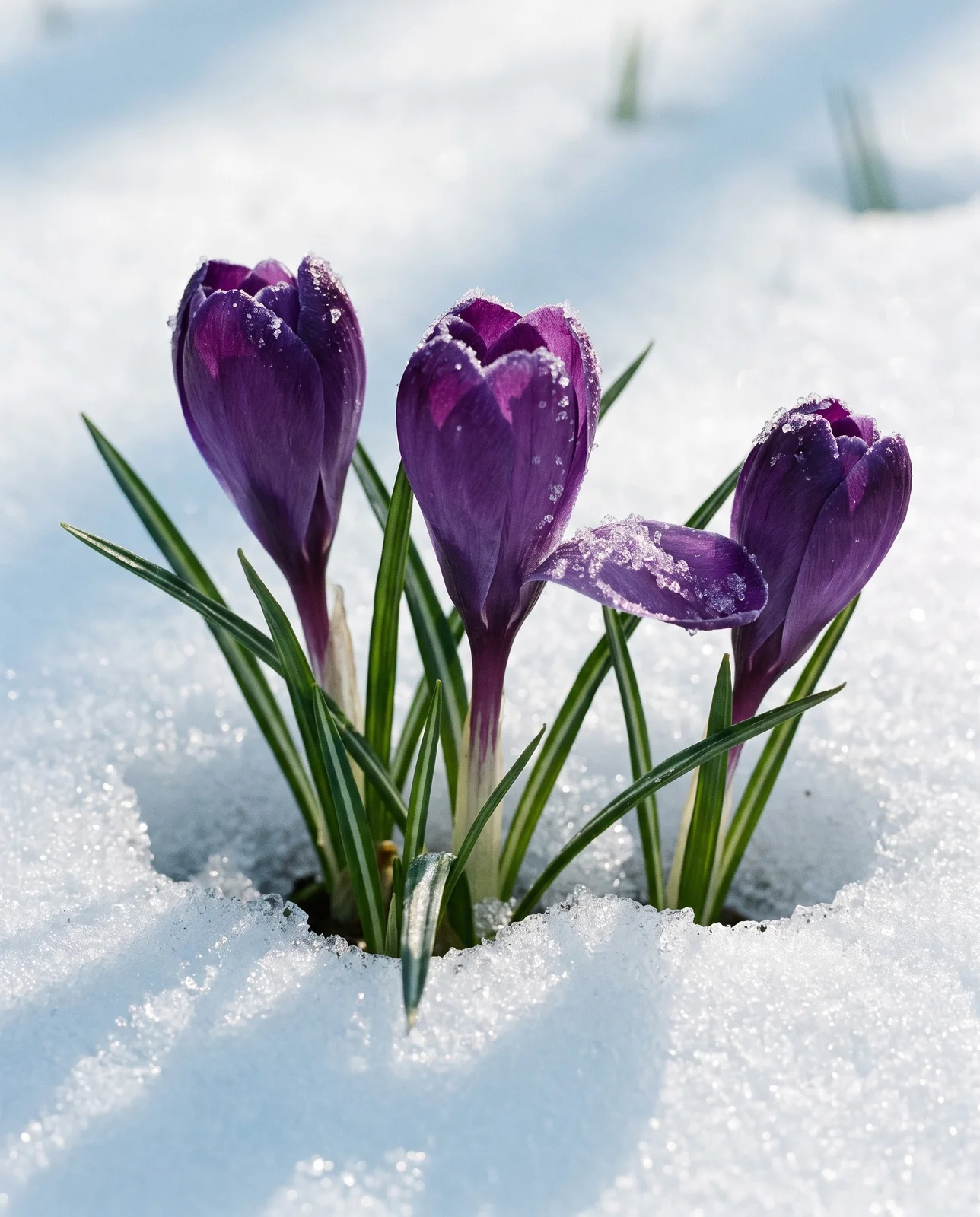 Purple crocus flowers pushing through crust of snow in cold winter
