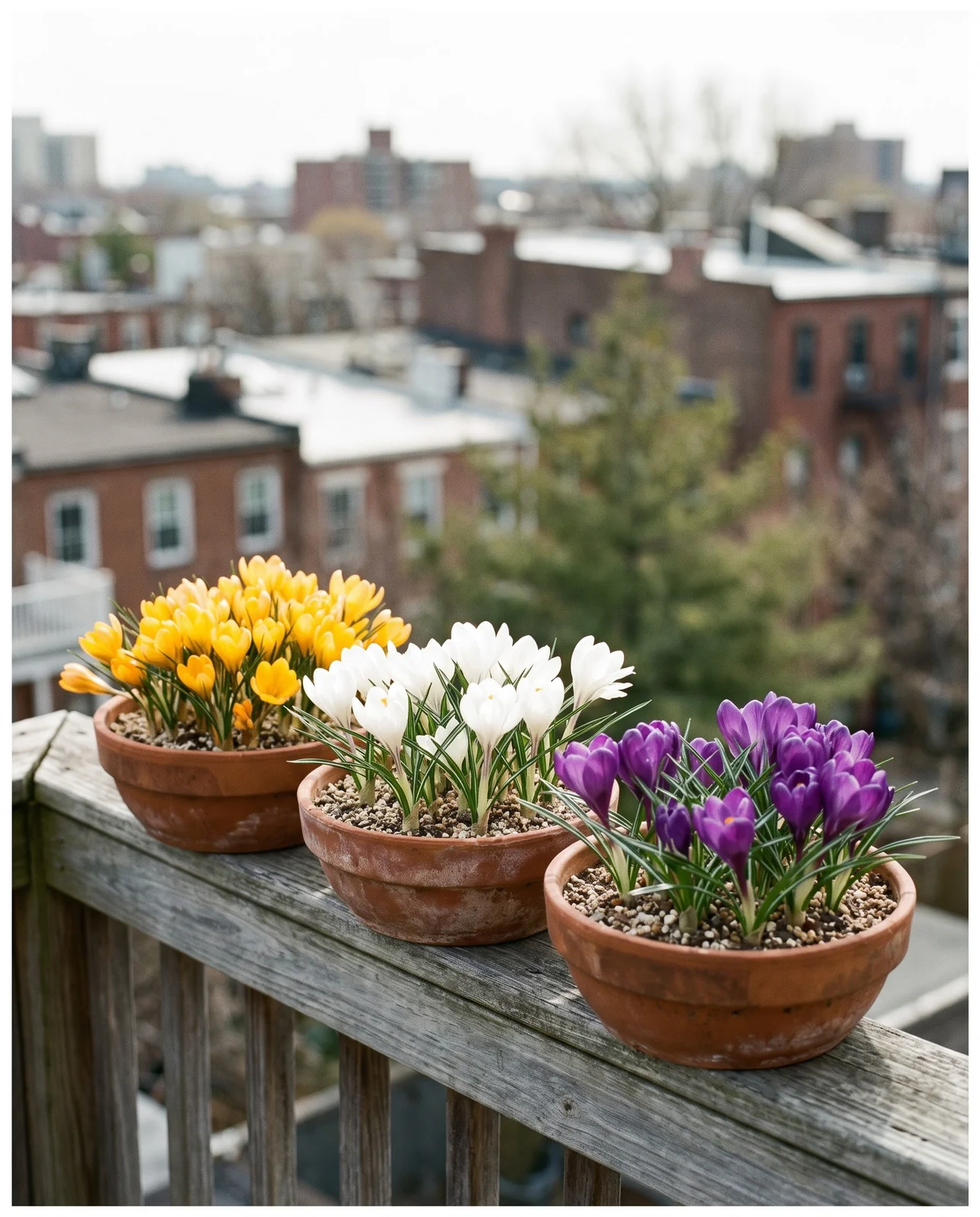 Shallow terracotta bulb pans of colorful crocuses on balcony railing