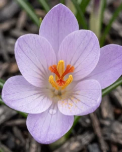 Extreme macro of open crocus flower showing stamens and central pistil