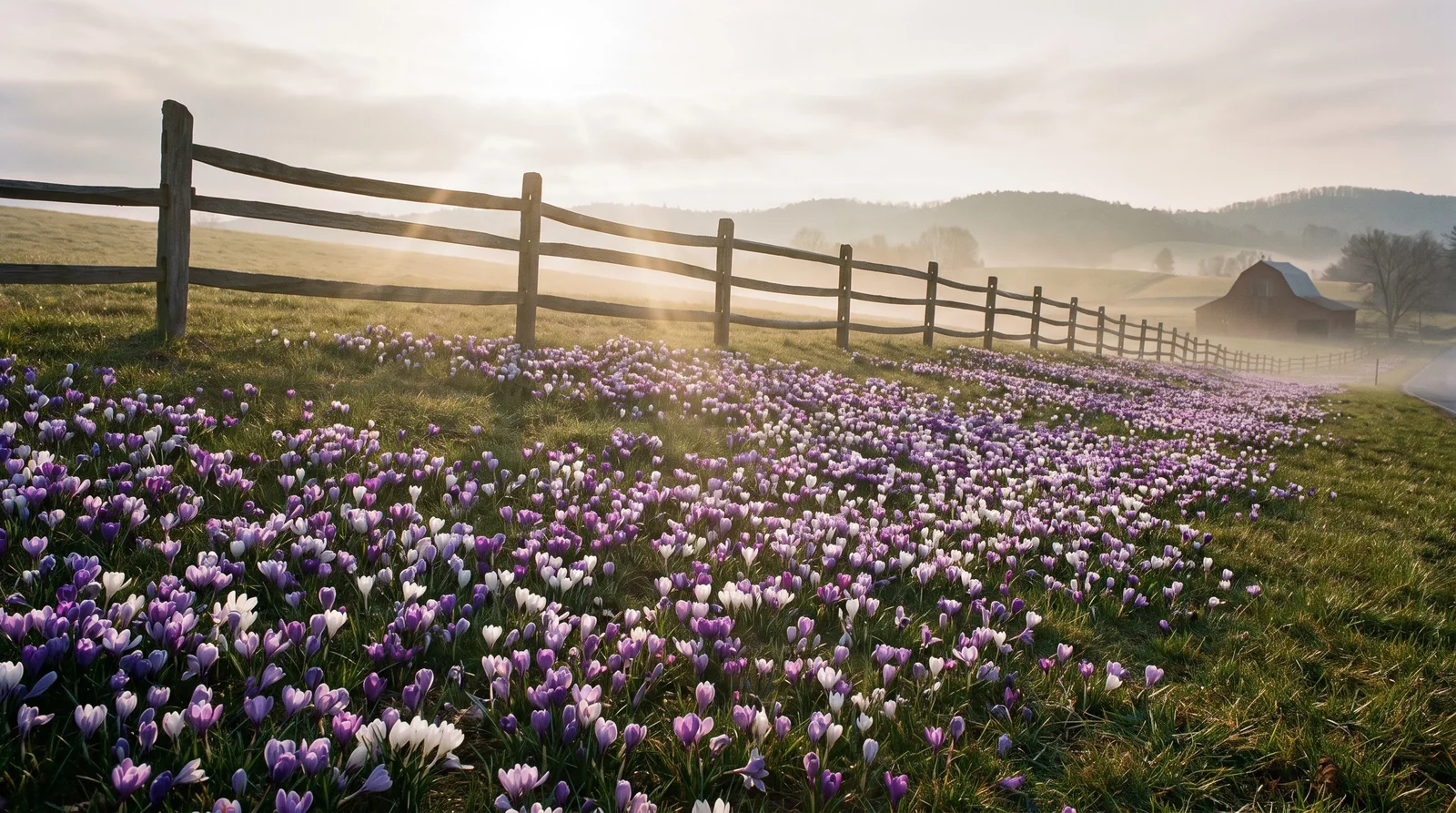 Wide field of naturalized crocuses along rustic farm fence in early spring