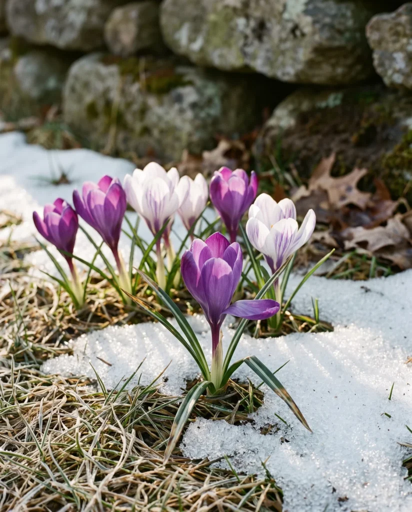 Purple and white crocuses blooming through melting snow along stone wall