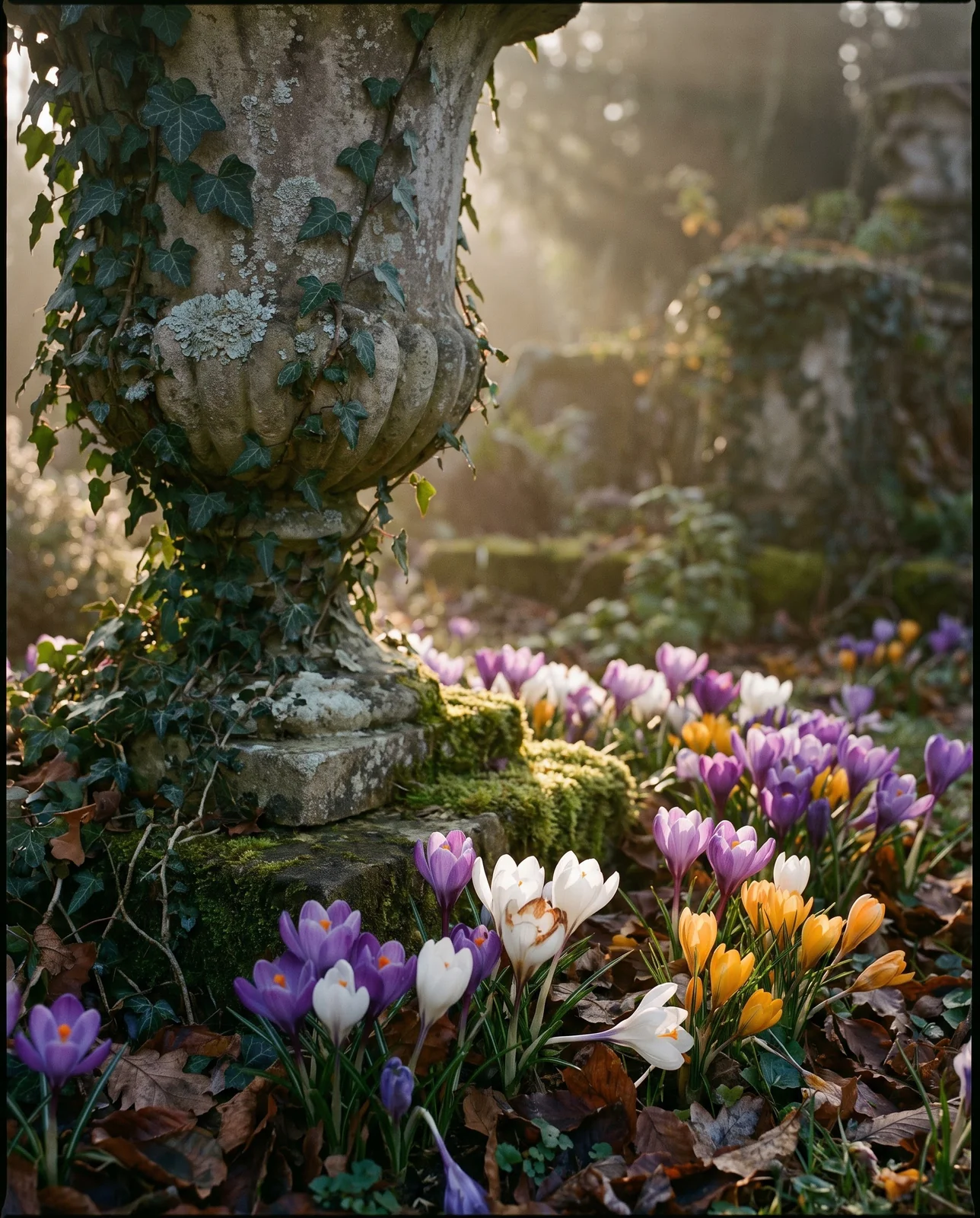 Drift of crocuses blooming at the base of an antique weathered stone urn