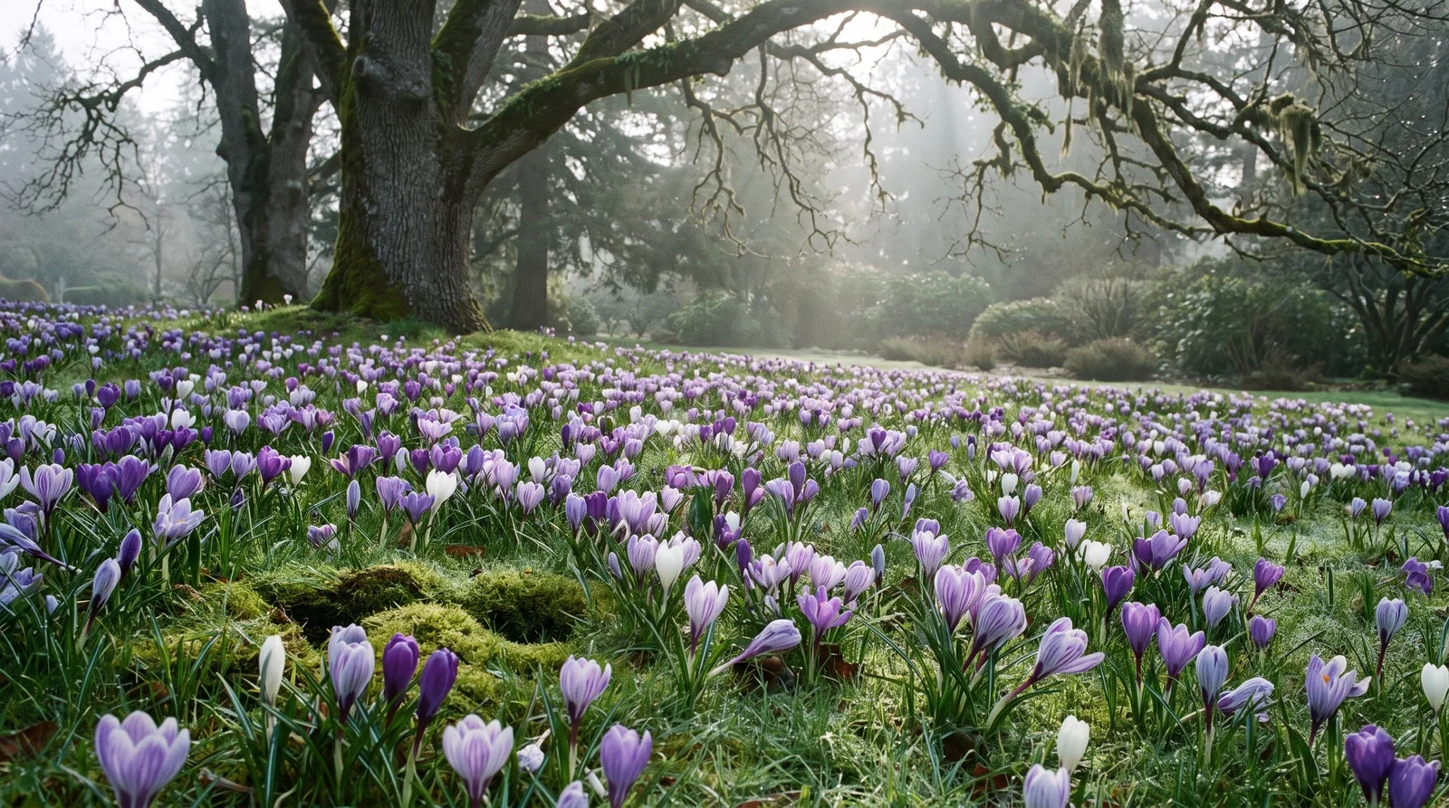 Large sweeping drift of naturalized crocuses blooming in misty morning lawn