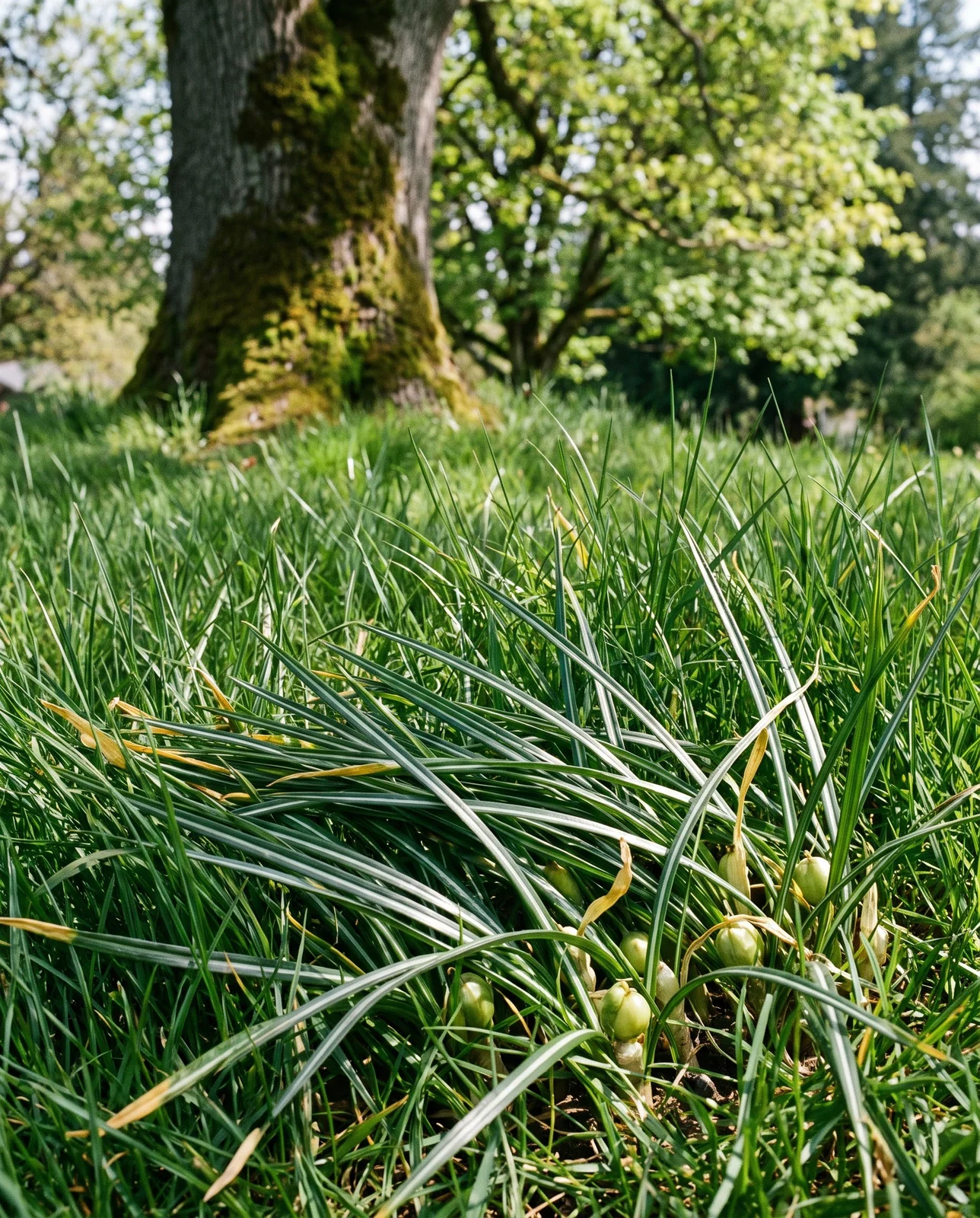 Fading crocus foliage left uncut among taller green lawn grass