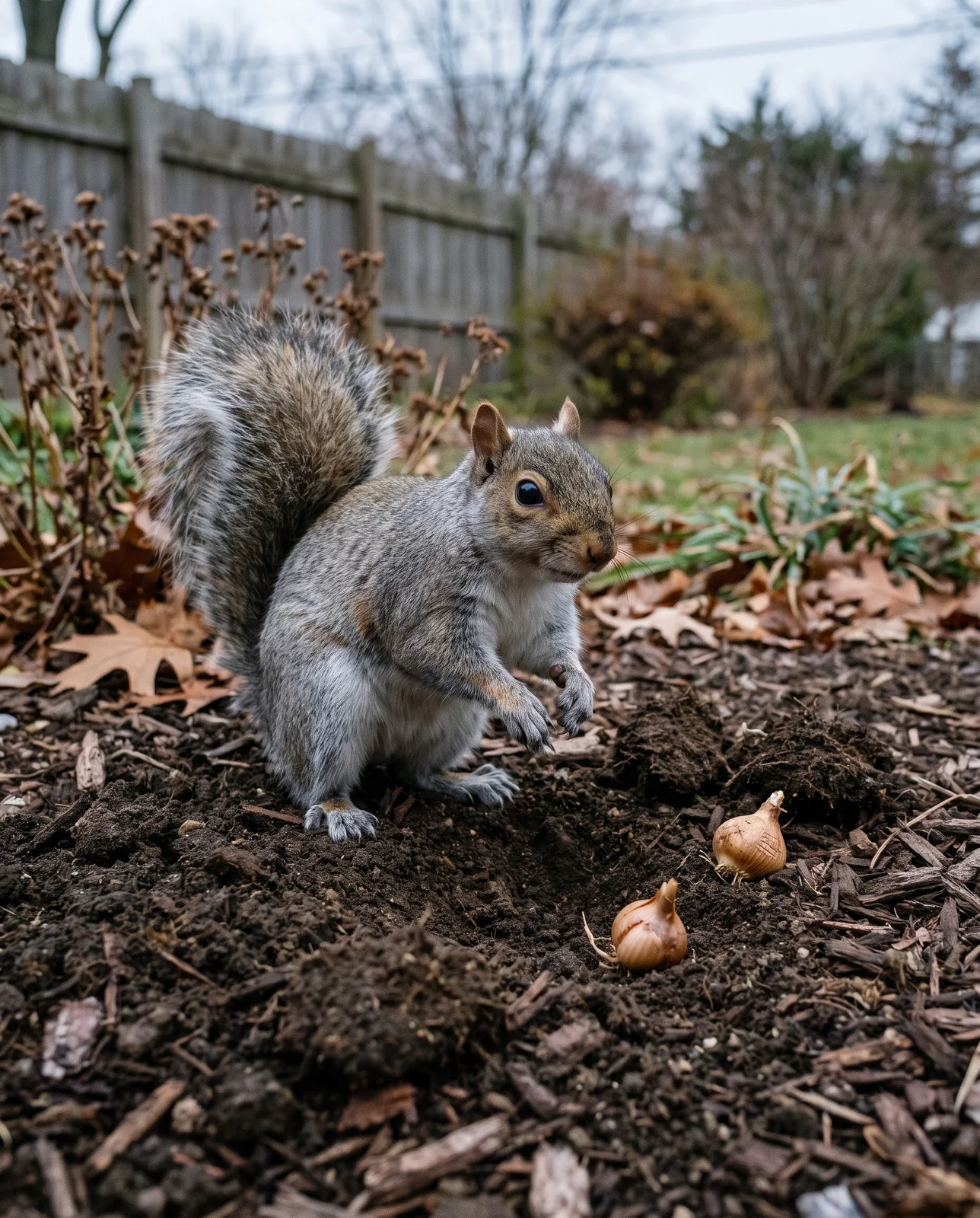 Gray squirrel digging in freshly planted autumn garden bed uncovering corms