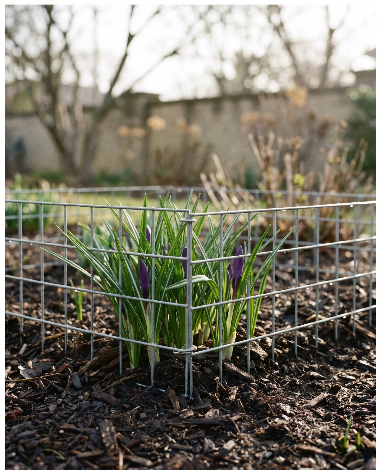 Crocus shoots emerging successfully through underground wire mesh pest protection