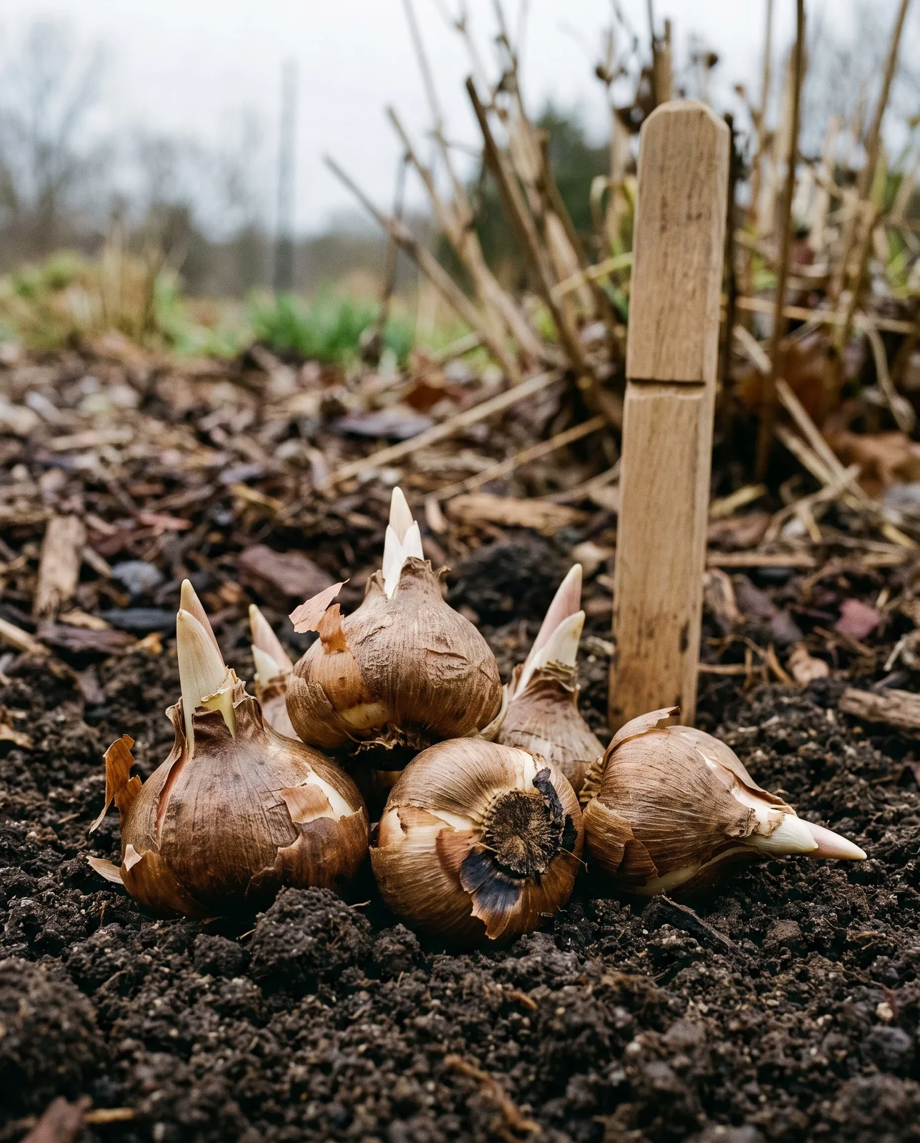Crocus corms resting on dark soil beside a planting depth marker