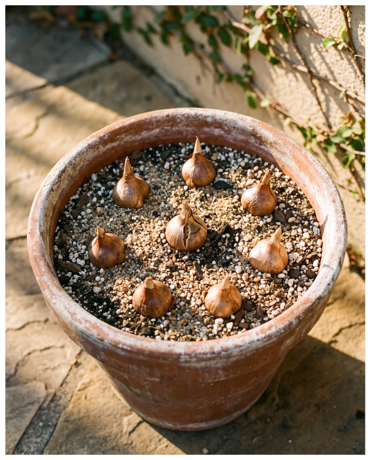 Crocus corms arranged in gritty soil mix inside a terracotta pot