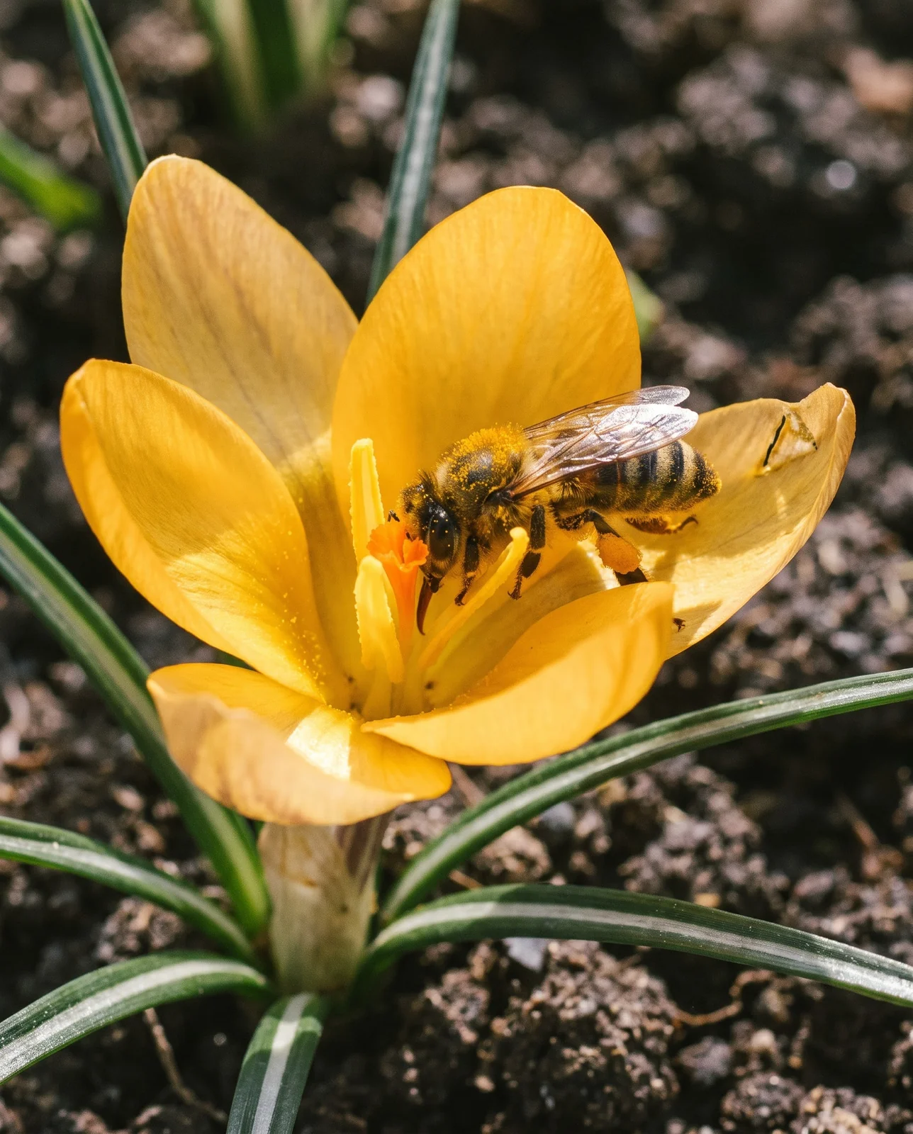 Honeybee dusted in pollen inside open golden yellow crocus flower