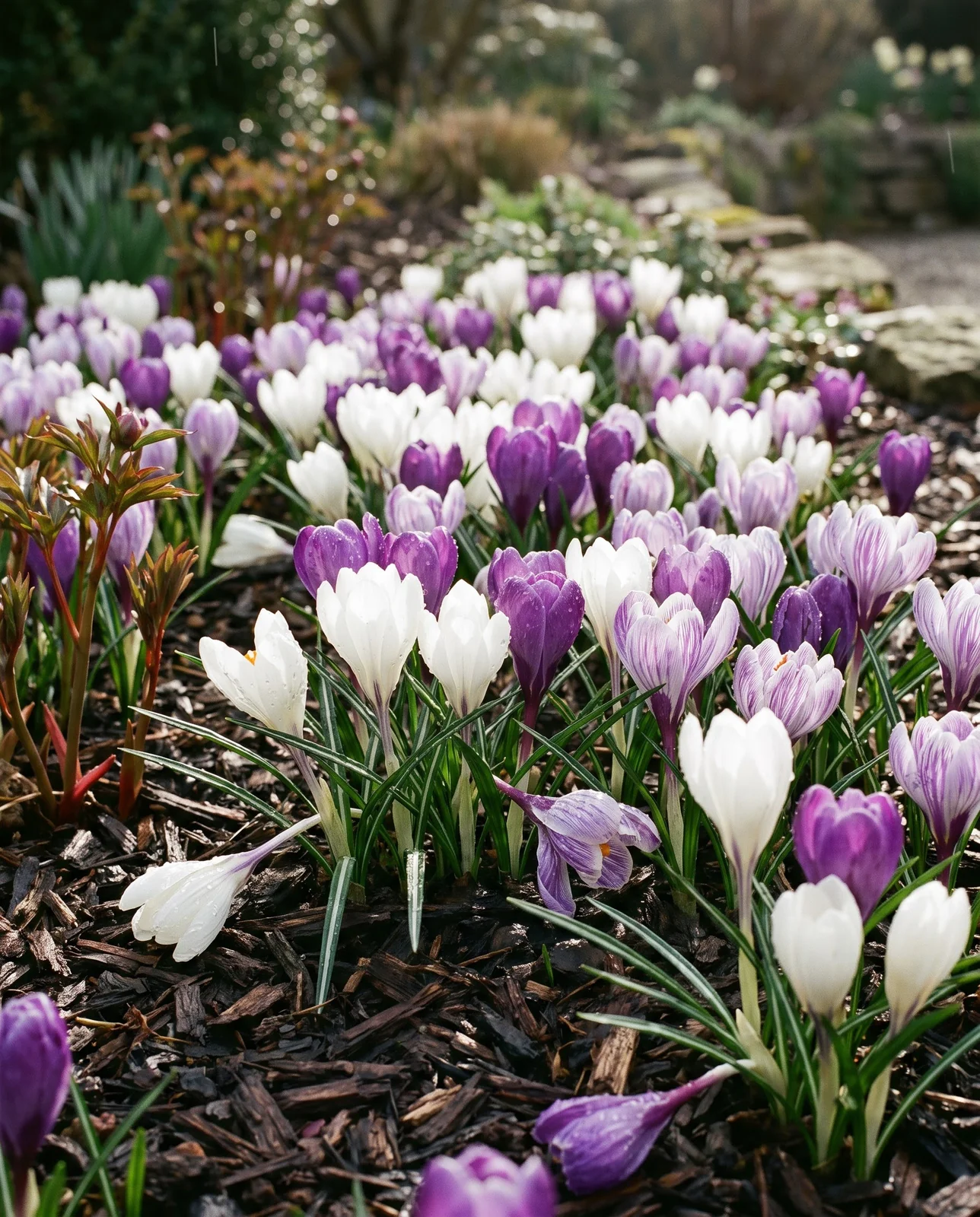 Mixed white, purple, and striped crocuses wet with rain in cottage border