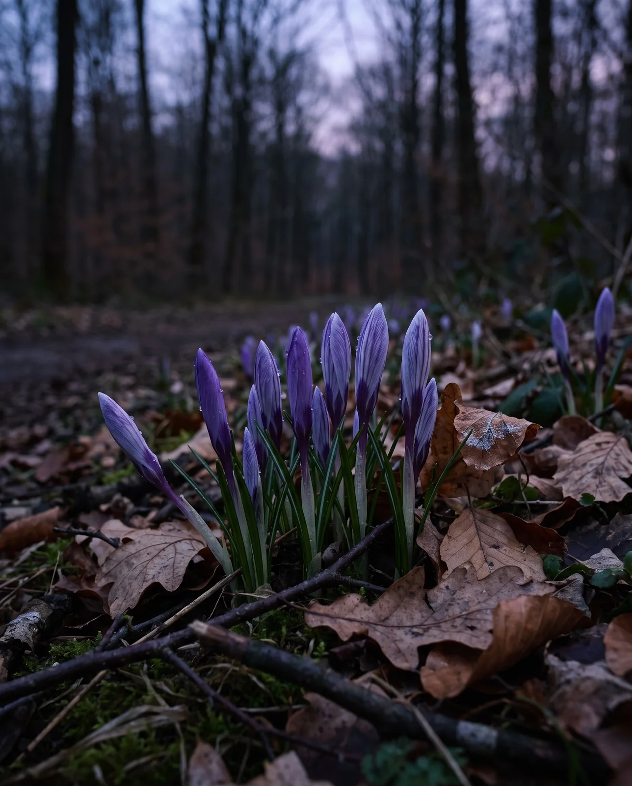 Crocus flowers closed tightly at dusk along a woodland trail