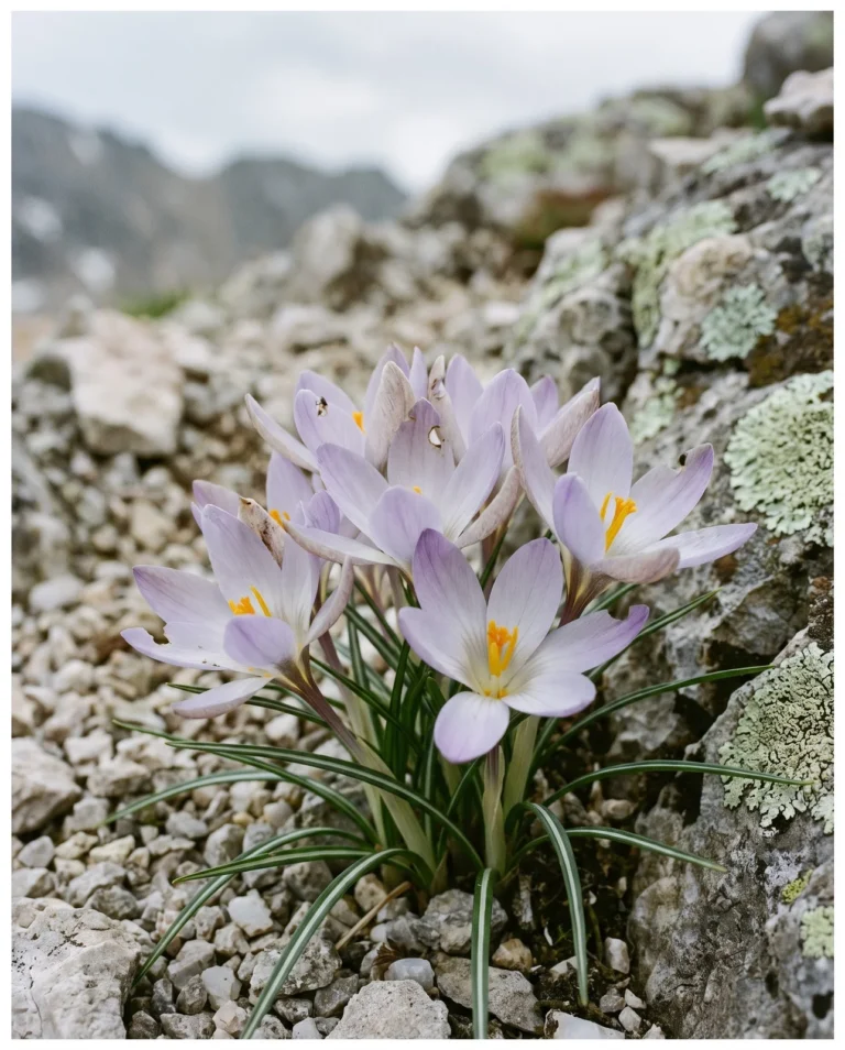 Crocus tommasinianus flowers blooming among lichen-covered stones in a rock garden