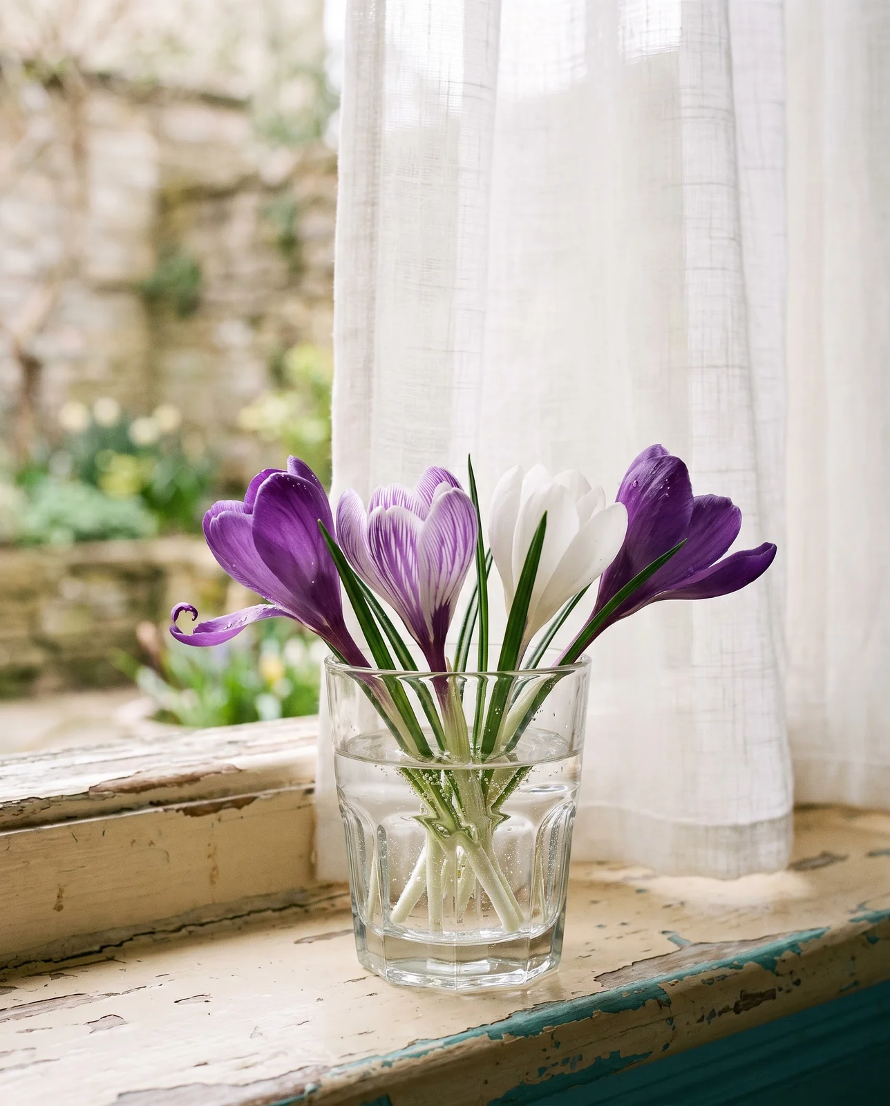 Small bouquet of cut crocus flowers in glass tumbler on windowsill