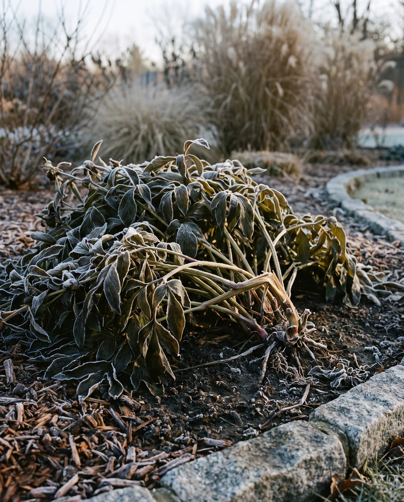 Herbaceous peony foliage collapsed on soil after the first hard autumn frost