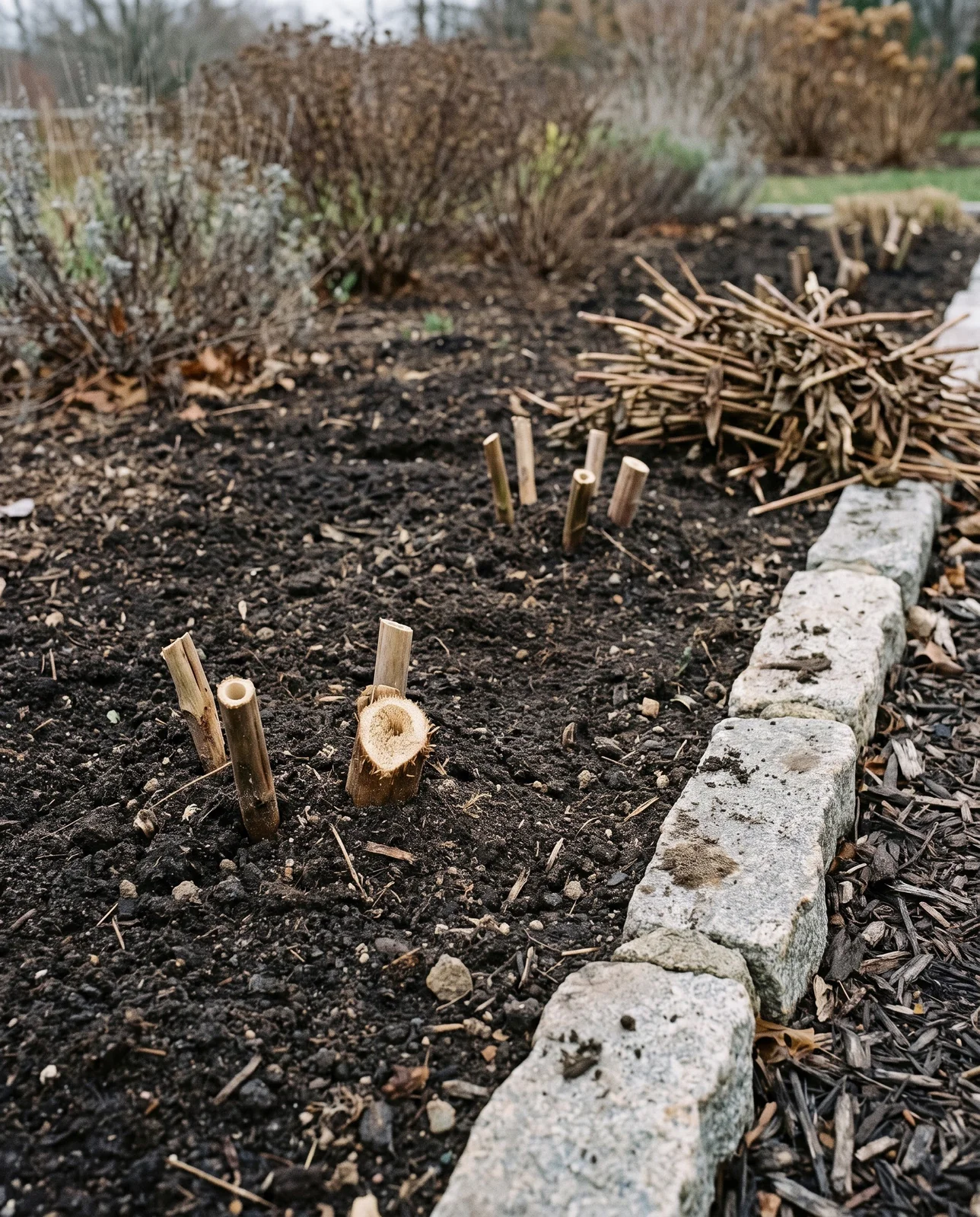 Herbaceous peony stems cut down to one inch stubs above soil