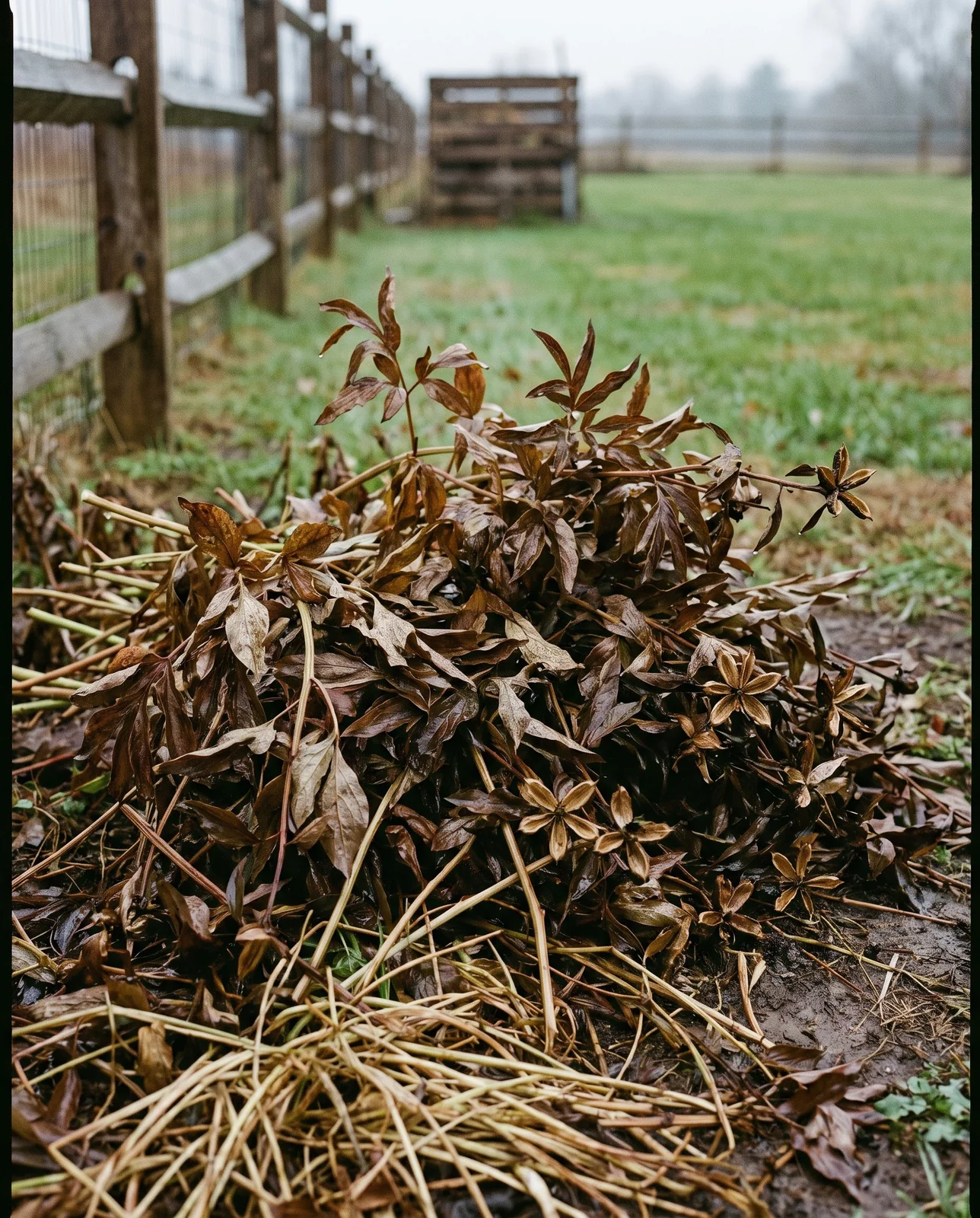 Cut peony foliage piled separately on bare ground away from compost