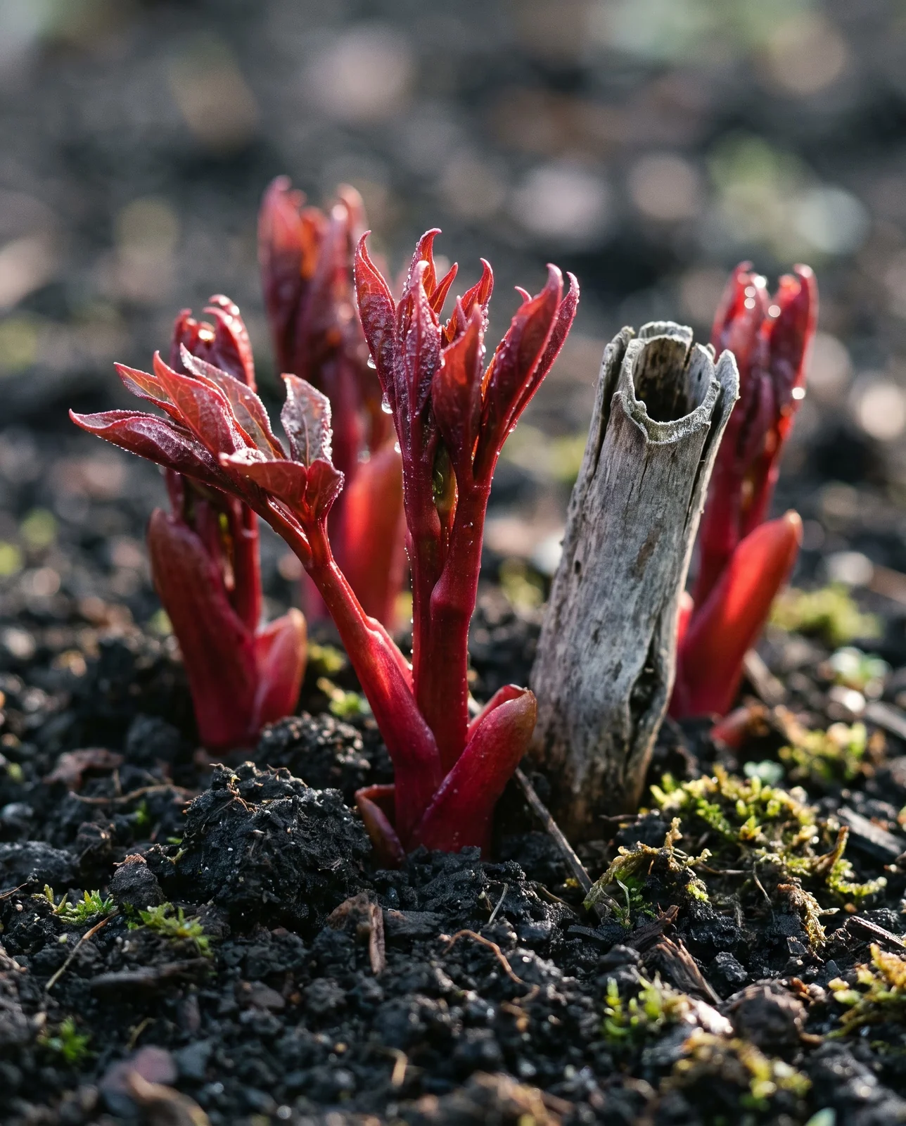 Red spring peony shoots emerging next to weathered autumn cut stub