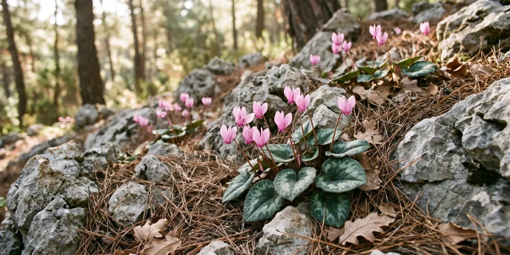 Wild cyclamen flowering among rocks and pine litter on a Mediterranean hillside