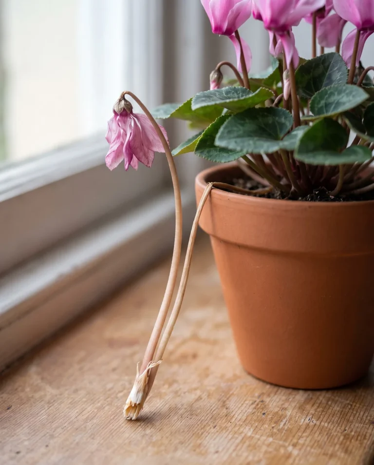 Spent cyclamen flower stalk pulled out whole, lying beside the healthy blooming plant