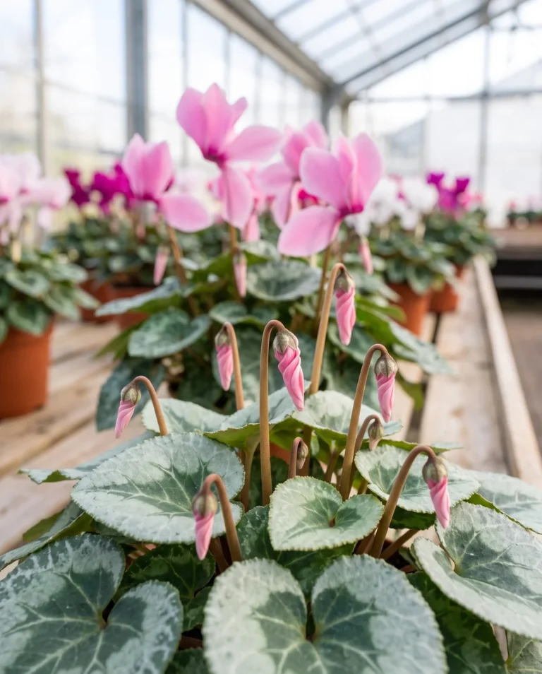 Crowd of unopened cyclamen buds under the leaf canopy of a plant on a store bench