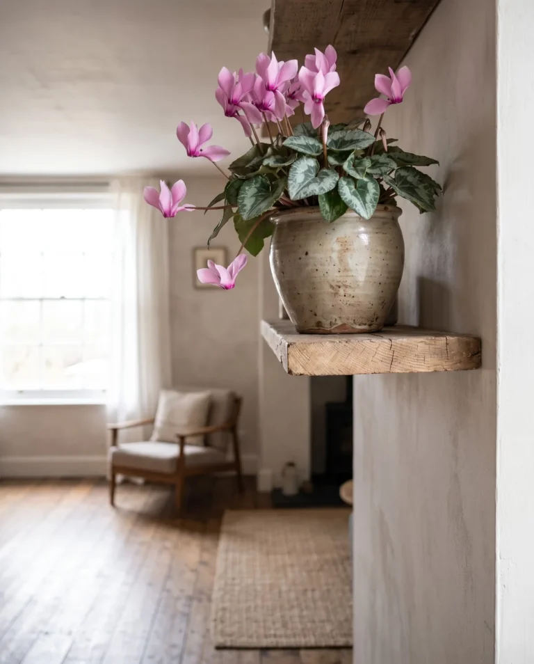 Blooming pink cyclamen on a high wall shelf, safely above the room