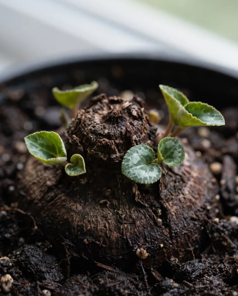 Tiny new cyclamen leaves emerging from the crown of a rested tuber