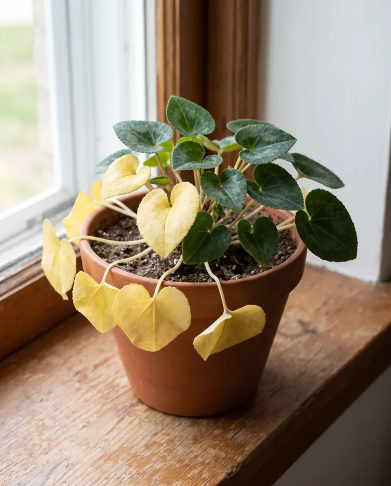 Cyclamen in late spring with several leaves turned uniformly yellow as dormancy starts