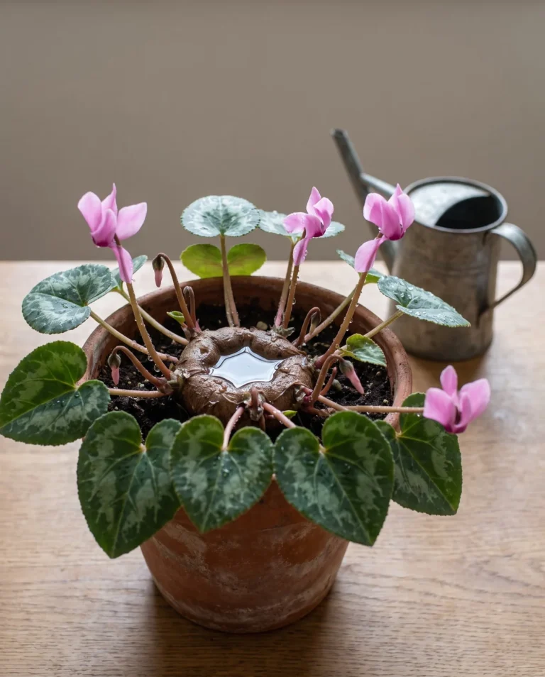 Water pooled in the leafy crown of a cyclamen after watering from above, drops beaded on the leaves