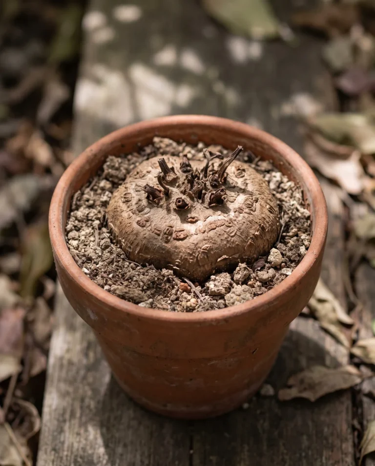 Dormant cyclamen tuber, a flattened corky disc, sitting half-exposed in a bare summer pot