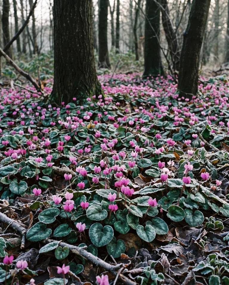 Carpet of hardy Cyclamen coum flowering under bare winter trees