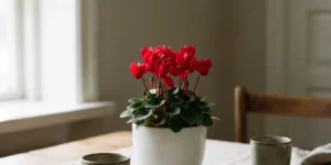 Red mini cyclamen as a small centerpiece on a simply set winter table