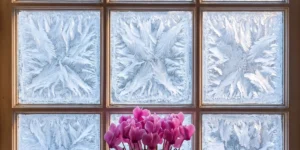 Pink cyclamen on an indoor windowsill with frost feathering on the outer glass