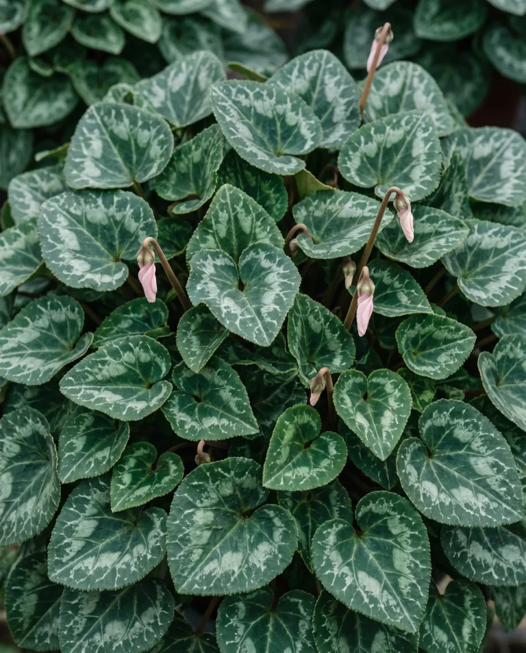 Heart-shaped cyclamen leaves with silver marbling seen from above