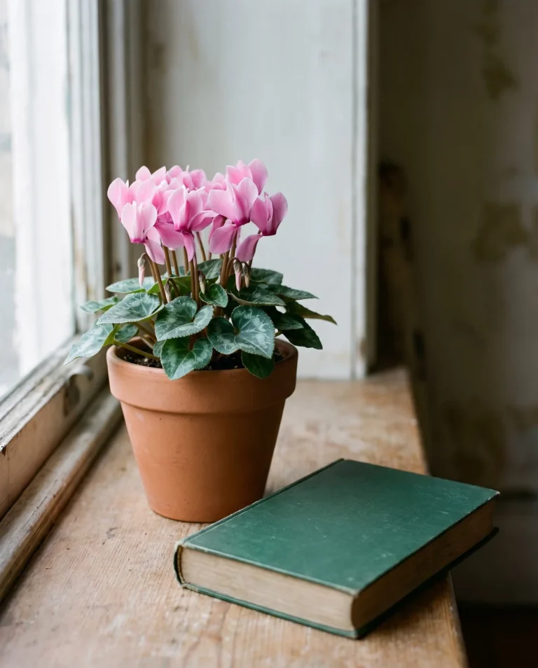 Compact cyclamen about eight inches tall in a small pot beside a book for scale