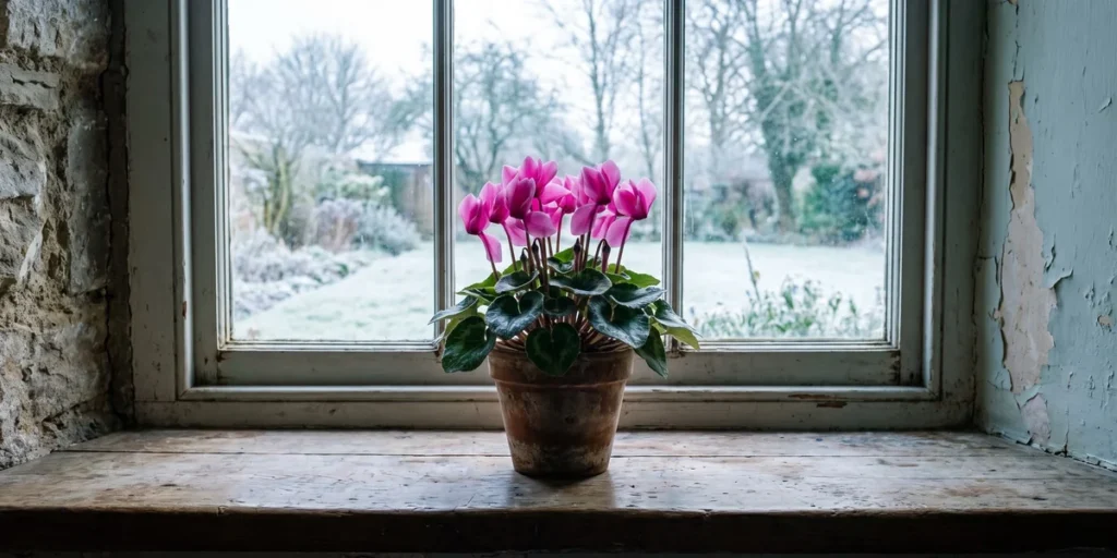 Cyclamen blooming on a cool bright windowsill far from any heat source