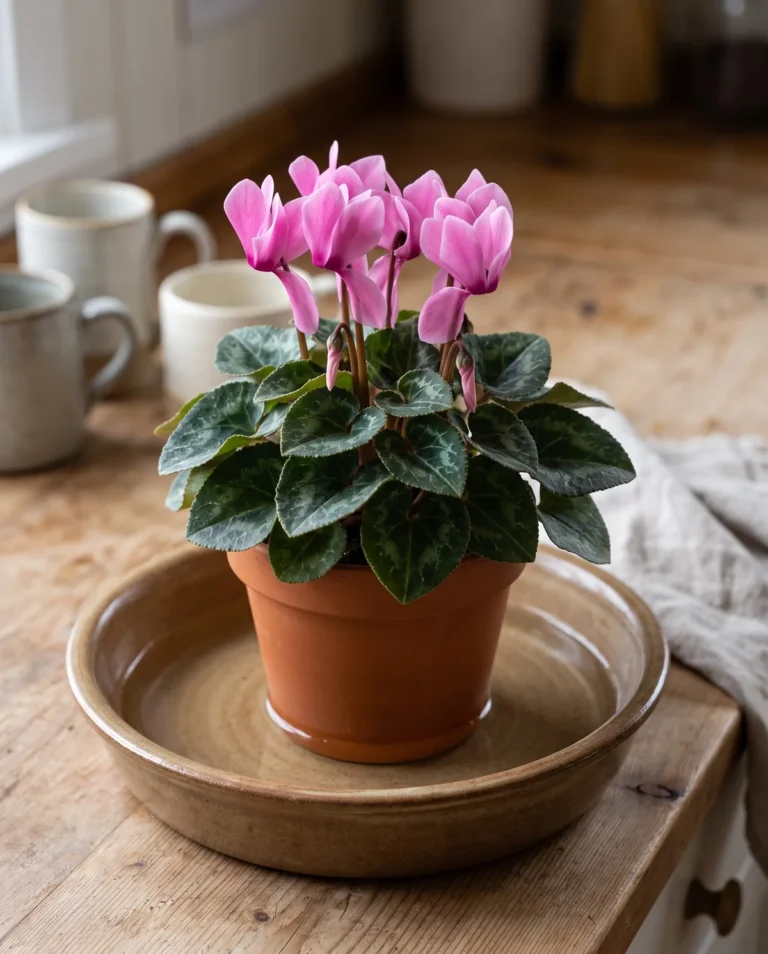 Cyclamen pot standing in a shallow bowl of water, drinking from below, crown perfectly dry