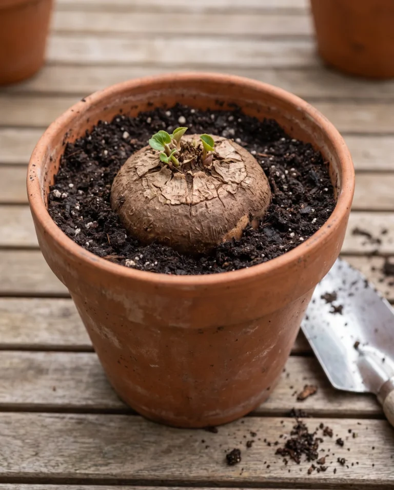 Cyclamen tuber sitting with its top third above the soil line in a freshly filled pot