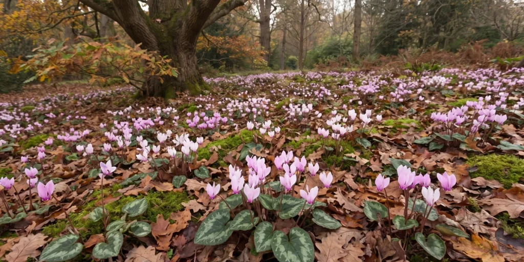 Carpet of hardy cyclamen flowering through leaf litter in early fall as its leaves emerge