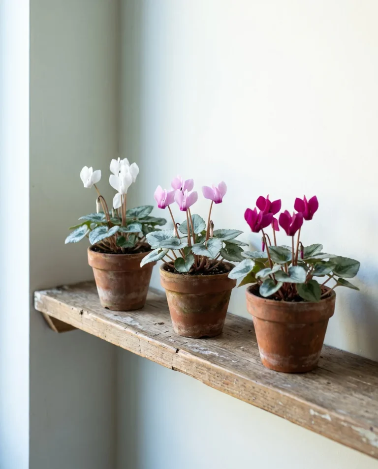 Three miniature cyclamen in small pots on a narrow shelf