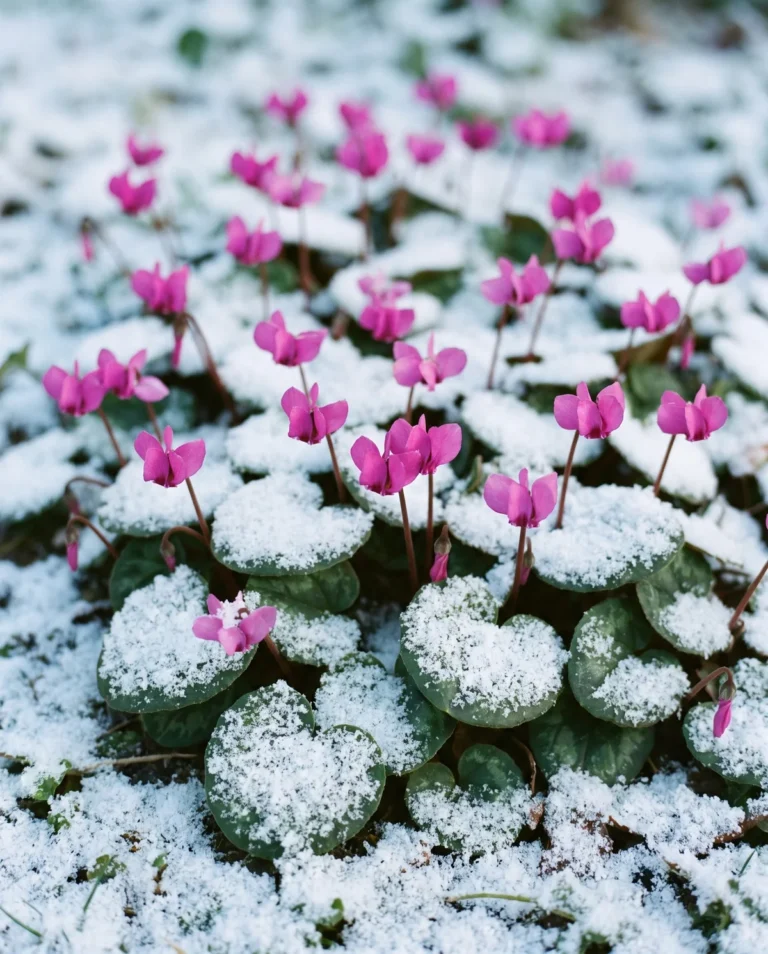 Hardy Cyclamen coum flowering magenta through light snow in winter