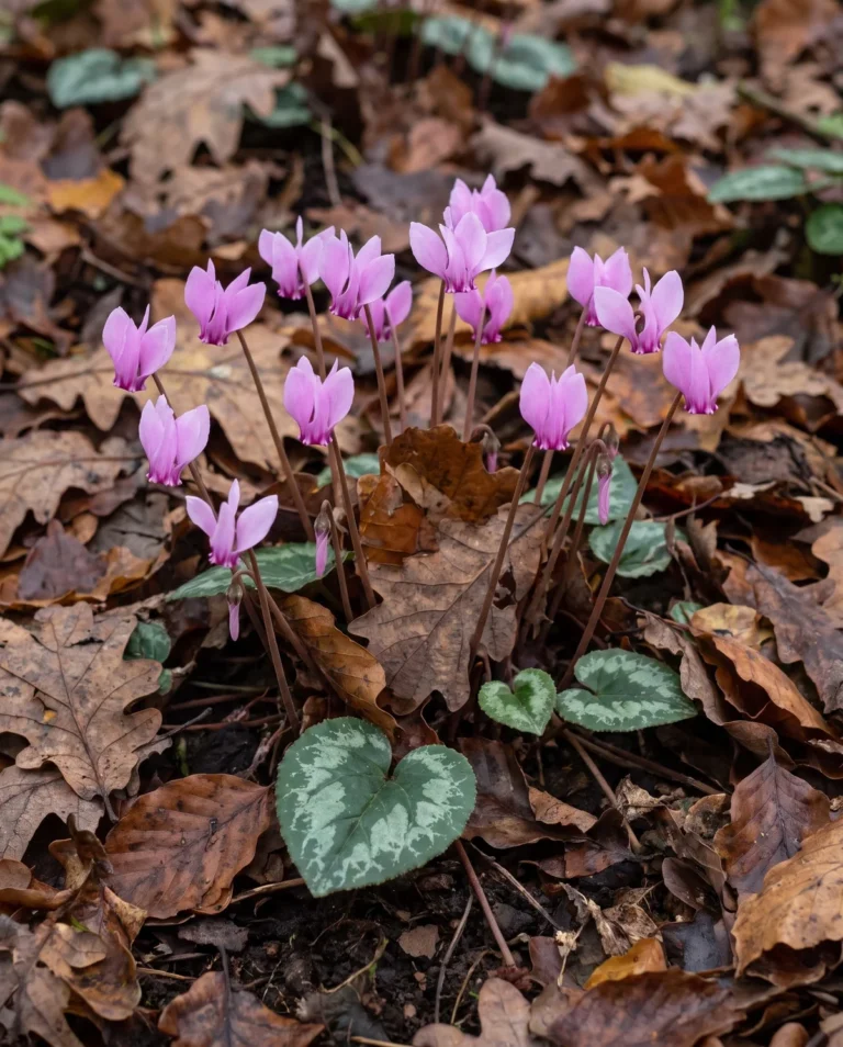 Hardy ivy-leaved cyclamen flowering pink among fallen leaves outdoors
