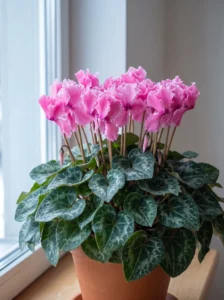 Blooming pink cyclamen with swept-back petals above silver-patterned leaves