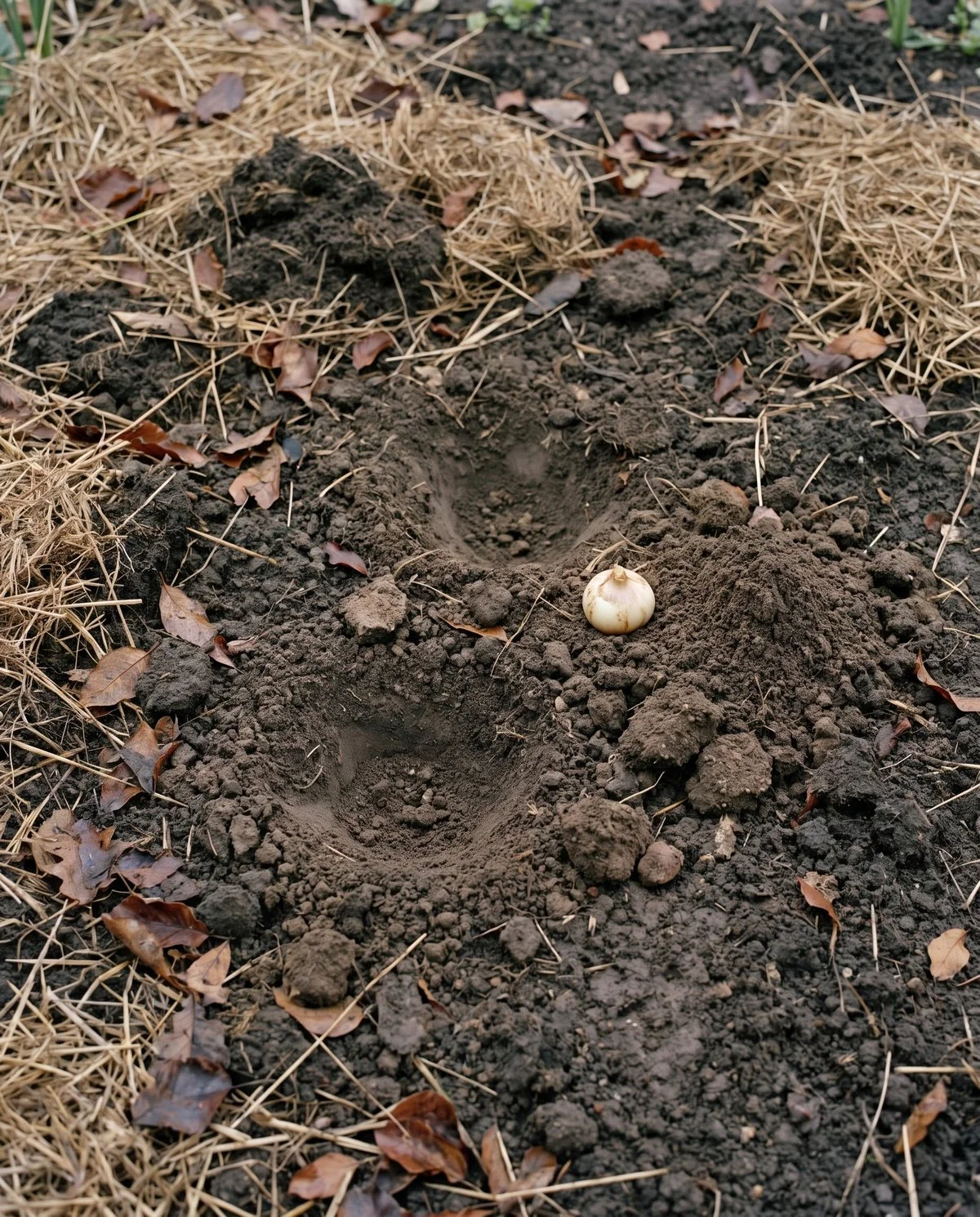 A freshly planted bulb bed dug over by animals, with loose scattered soil and shallow empty holes