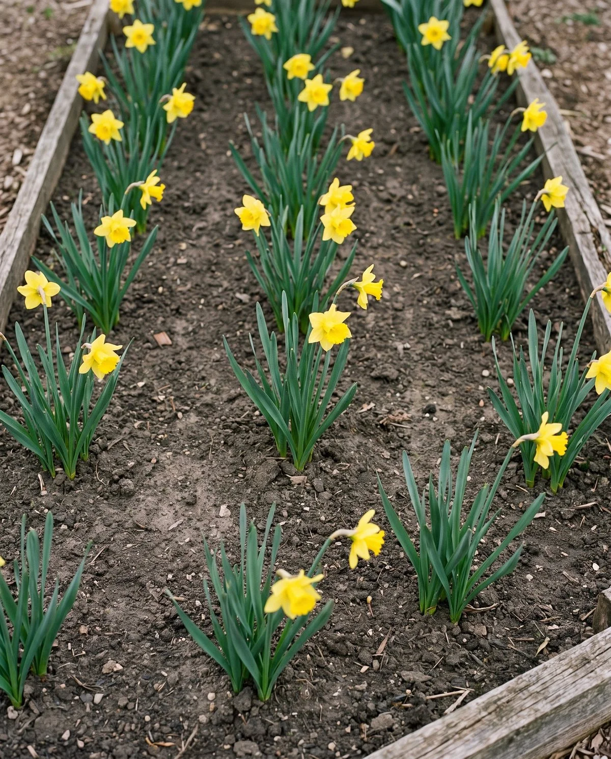 A well-spaced daffodil planting in the same bed with a flower stalk rising from each set of leaves