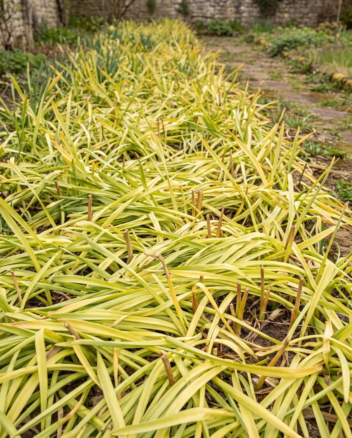 Daffodil foliage yellowing evenly across a whole bed weeks after flowering, the normal post-bloom fade